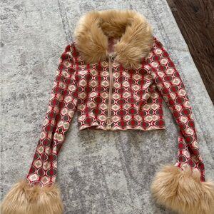 Show Me Your MuMu Red and Gold Faux Fur Cardigan